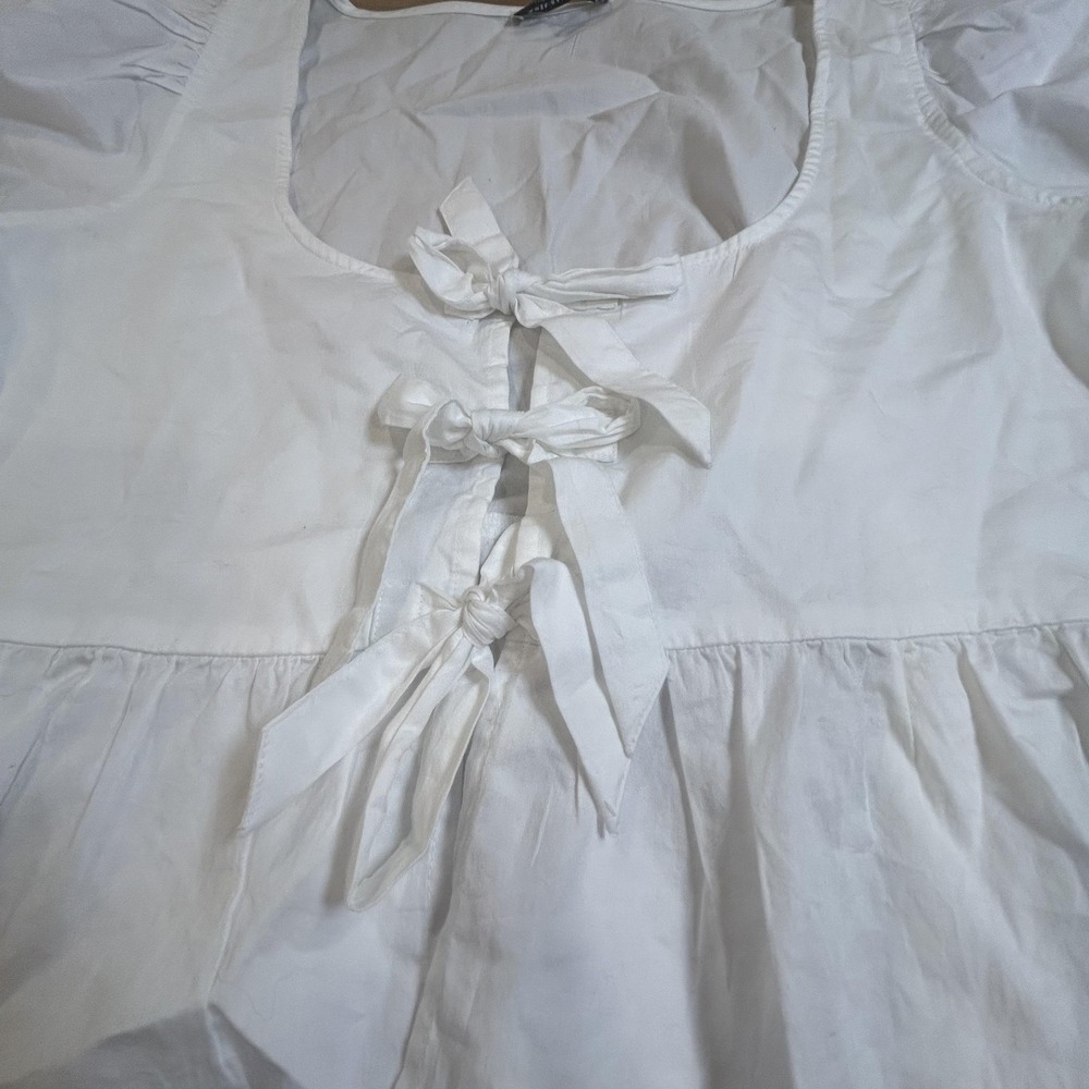 American Eagle Outfitters Blouse Womens Medium White Tie Puff Sleeve Cropped - Picture 2 of 7